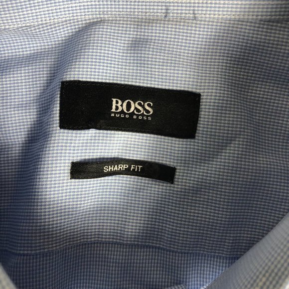 HUGO BOSS Sharp Fit Button up Dress Shirt Blue Mini Check Size 16.5 32/33 - Picture 3 of 8